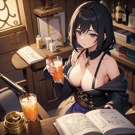 a woman holding a glass of liquid and a book, alchemist girl, she is in the potions workshop, glamor anime witch casting magic, anime moe art style,  anime drinks energy drink, anime look of a beautiful girl, black hair wizard, I&#39;m going to make fanart...