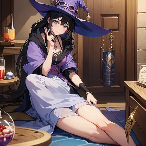 a woman holding a glass of liquid and a book, alchemist girl, she is in the potions workshop, glamor anime witch casting magic, anime moe art style,  anime drinks energy drink, anime look of a beautiful girl, black hair wizard, I&#39;m going to make fanart...