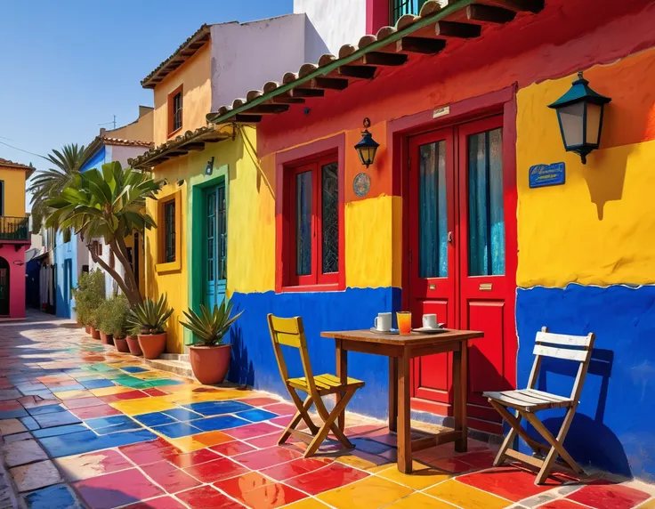 photography of a small rustic beach house with a table and chair in front of it, colorful house, colorful tiled architecture, cracks and infiltration stains on the walls, worn paint, wet sidewalk, seashore in the background, tlaquepaque, by Hundertwasser, ...