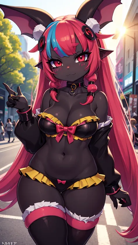 Professional Photography, 8k, highly detailed, intense lighting, daytime photography, sun light,
BREAK, 
slave choker, succubus girl, (bat ears), (succubus horns), (black skin:1.6), red eyes, smug eyes, (red glowing hair), straight red hair, big boobs:1.2,...