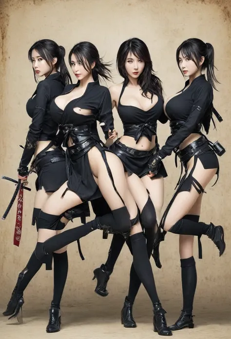 Highly detailed painting realistically creates a group of cute little ninja women vs samurai women,
in a long black ninja suit a la Jean-Baptiste Monge, big chested, torn clothes, blood splattered, shiny,
cute and adorable, filigree, lights, delicate, magi...