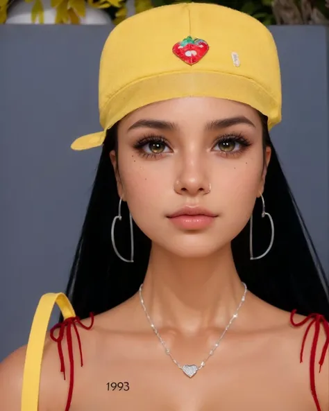 a close up of a woman wearing a yellow hat and a necklace, imvu, latina skin, 8 k highly detailed ❤🔥 🔥 💀 🤖 🚀, hyperrealistic teen, digital art. @mariomaniacdude, detailed realistic face, she has olive brown skin, high quality 16k digital art, highly detail...