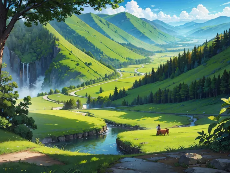 a landscape of a lush valley, 1girl, traveler