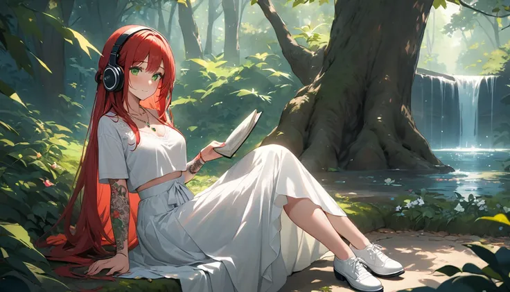 (Best Quality, Masterpiece, ultra high resolution, ultra detailed:1.2) Female gender Beautiful green eyes and melancholic expression Long red hair Light and freckled skin Wears a top with a bra shirt Wears a wedding-style skirt Wears white cloth shoes Sitt...