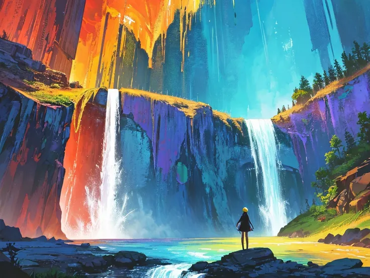 Painting of a waterfall with a rainbow in the middle of it, rainbow river waterfall, with trees and waterfalls, ethereal rainbows, forest and waterfall, just one rainbow 8 k, rainbow, beautiful digital painting, cascading iridescent waterfalls, fantasy pai...