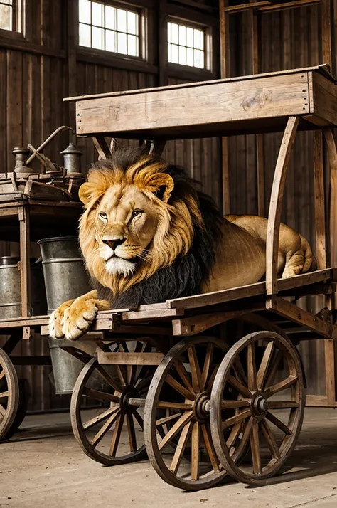 A lion with a cart for a workshop