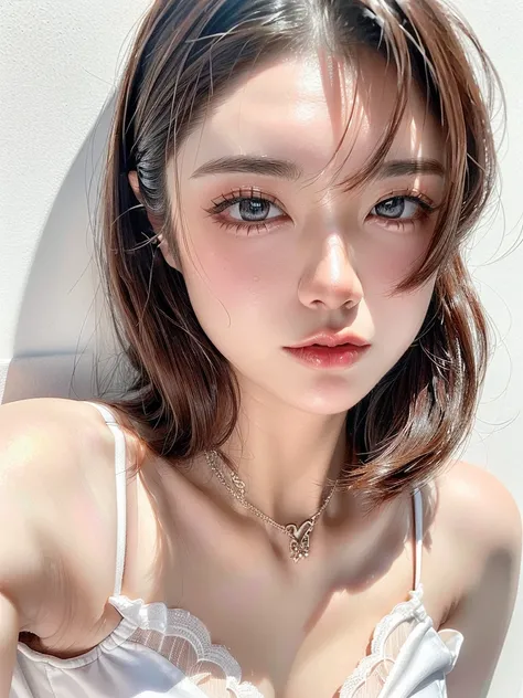 (((white background 2.0)))、Professional Lighting、(((Professional Lighting 1.5)))、Translucent skin texture、Beautiful Skin、Beautiful Skin、、(((Whitening 1.5)))、((Small white lace bra 1.5))、((See-through 1.5)))、(((Mid shot photo 1.5)))、Simple earrings and neck...