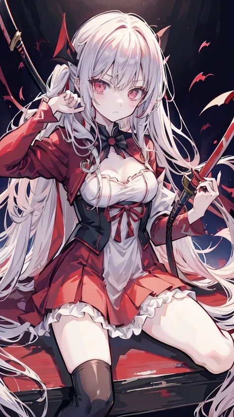 Anime character sitting on a shelf holding a sword and a bloody heart, vampire, Gap Moe Yandere Grimdark, hijikata toushirou, shigenori soejima illustration, Shalltear Bloodfallen, portrait Gap Moe Yandere Grimdark, by Kamaguruka, Inspired by Hiro Yamagata...