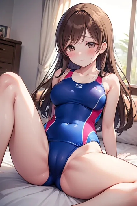 nitta minami,1girl, one-piece swimsuit,competition swimsuit, cameltoe, brown hair, solo,nervous, covered navel,, looking at viewer,, breasts, brown eyes, long hair,bedroom, blush, bangs, collarbone,looking at viewer,nitta minami,closed mouth,blush,sitting ...