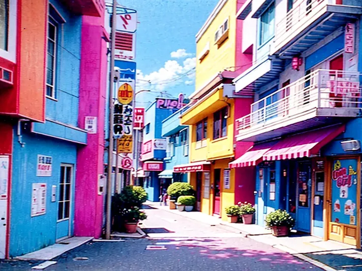 screencap from 80s movie, pink vivid malibu paradise, multiple colors, view on foot, street view, designed by hayao miyazaki, re...