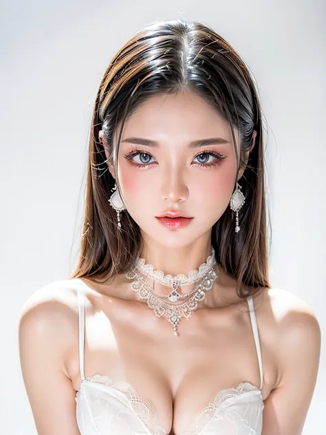 (((white background 2.0)))、Professional Lighting、(((Professional Lighting 1.5)))、Translucent skin texture、Beautiful Skin、Beautiful Skin、、(((Whitening 1.5)))、((Small white lace bra 1.5))、((See-through 1.5)))、(((1.5)))、Simple earrings and necklace、(((1.5)))、...