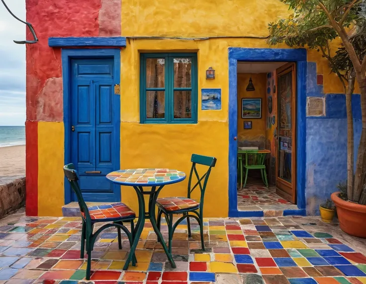 photography of a small rustic beach house with a table and chair in front of it, colorful house, colorful tiled architecture, cracks and infiltration stains on the walls, worn paint, wet sidewalk, seashore in the background, tlaquepaque, by Hundertwasser, ...