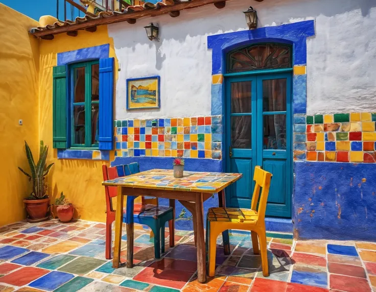 photography of a small rustic beach house with a table and chair in front of it, colorful house, colorful tiled architecture, cracks and infiltration stains on the walls, worn paint, wet sidewalk, seashore in the background, tlaquepaque, by Hundertwasser, ...