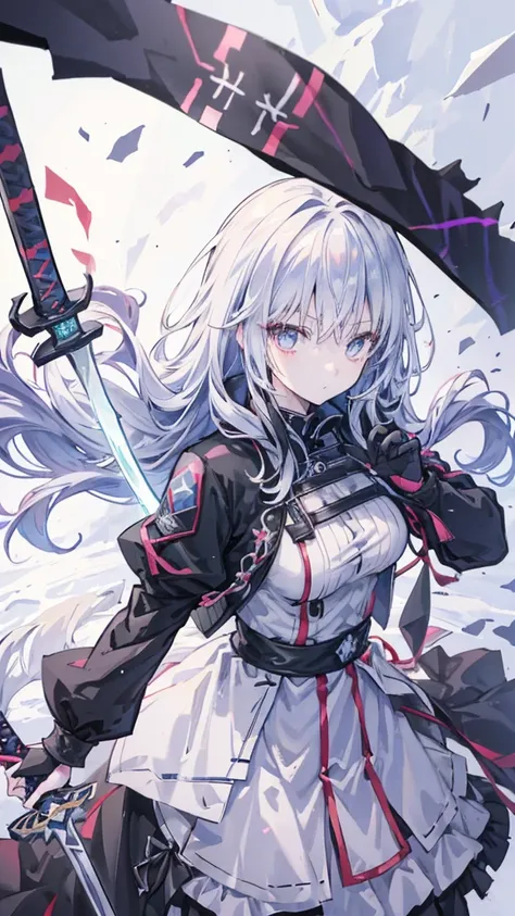 Close-up of a person holding a sword and katana, Gothic Maiden Anime Girl, Detailed Key Anime Art, From Arknights, Detailed Anime Character Art, With a big sword, White-haired God, Gap Moe Yandere Grimdark, Automated Kidney,  In a dress, blackいドレスを着たアニメの女の...