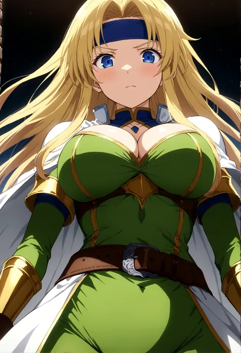 score_9, score_8_up, score_7_up,,BREAK source_anime, from below ,standing,straight-on,medium shot,looking_at_viewer,1girl, celes chere, final fantasy.blonde hair, blue eyes, green leotard, headband,  large breasts,cleavage, pauldrons, circlet, bridal gaunt...