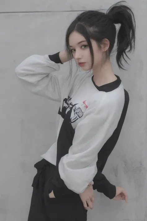 1girl, solo, masterpiece, best_quality, photoshoot, looking at camera, young adult gardevoir, tired expression, pokemon, pokemon (game), game freak, nintendo, (porcelain skin), blue eyes, (black hair), (messy hair in ponytail), black cardigan, baggy tshirt...