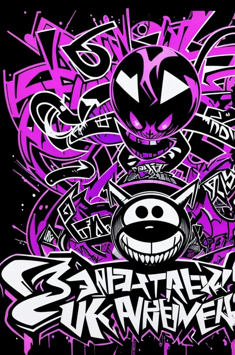 Create a Y2K-inspired logo that combines graffiti art with characters similar to Bendy and the Ink Machine. The design should feature purple, black, and white colors, with characters that are cartoonish and slightly spooky. Use a bold, futuristic font for ...