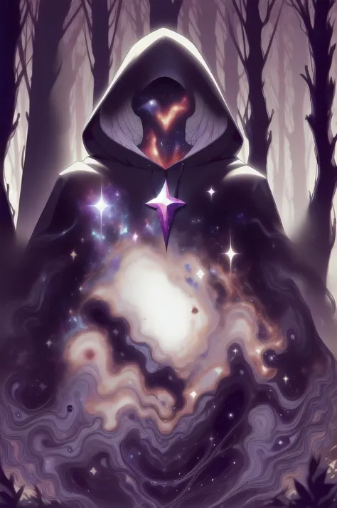 dark celestialskin body , void cosmic body, colored skin, flat color, jet black skin, a white cloak, hood on, holding an open book infront of him, silhouette,1boy, 
portrait, upper body,in a forest , front view, holding a book, a flying book, flying pages.