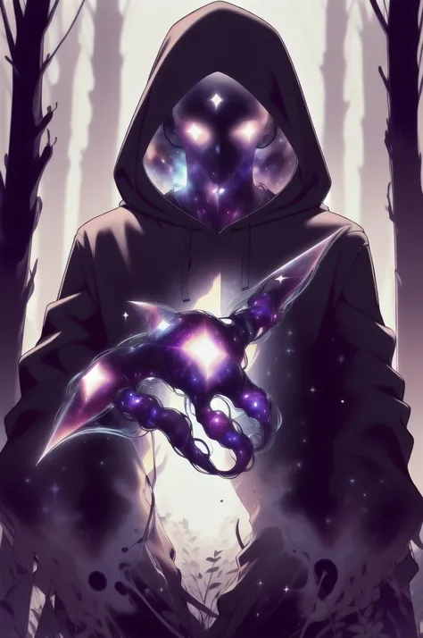 dark celestialskin body , void cosmic body, colored skin, flat color, jet black skin, a white cloak, hood on, holding an open book infront of him, silhouette,1boy, 
portrait, upper body,in a forest , front view, holding a book, a flying book, flying pages.