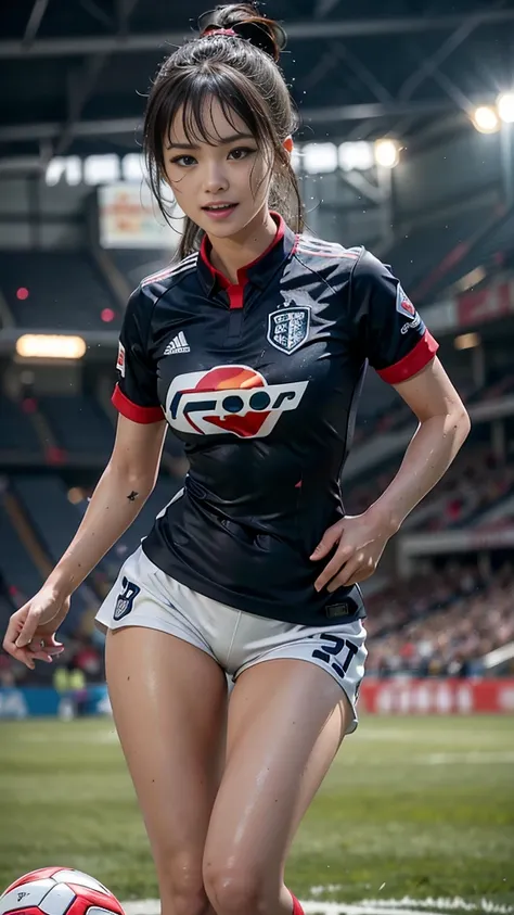 Highest quality, High resolution:1.2, Very detailed, Realistic:1.3, ((Beautiful woman))、((Super tight uniform))、((Big Breasts))、(The abdomen is visible)、(((Soccer uniforms)))、Vibrant colors, play soccer,(Blunt bangs)、((Various Hair Styles))、Different hair ...