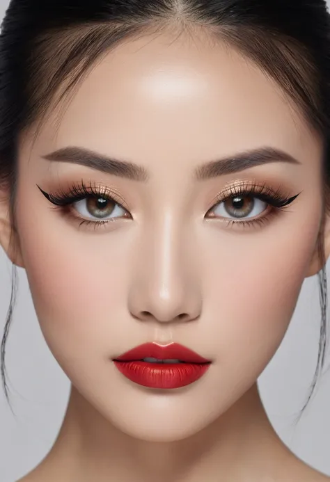 Create a high-quality, photorealistic image of Queen Ivy, an elegant and sophisticated Asian woman. She has a commanding presence with delicate, symmetrical facial features. Her skin is smooth and flawless with a light, natural complexion. She has almond-s...