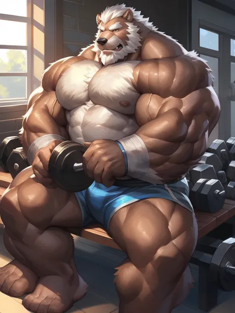 strong grizzly daddy，Brown skin，White hair and beard，Manly，Sit on the bench，holding two dumbbells in two hands，Only gym shorts，Bright and tidy gym，window，weight equipments，bodybuilding, working out, More details，by adios, by null-ghost, by lindong
