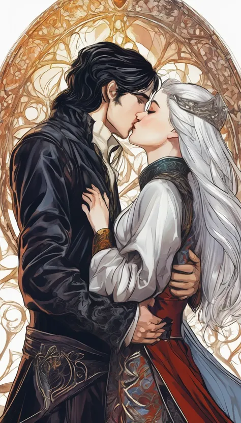 Passionate kiss between a white-haired man and a black-haired girl, both with medieval fantasy clothes, detailed, attractive