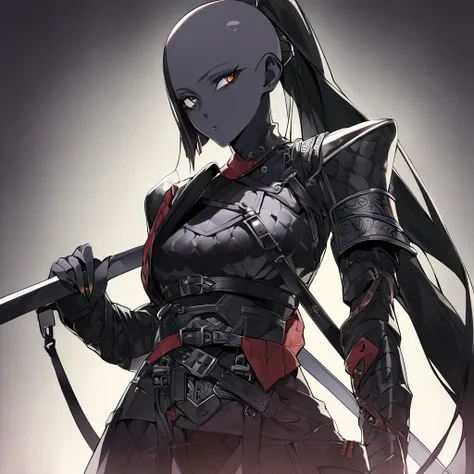 A woman with black skin, no hair. She is bald, except for a long, straight ponytail at the back of her head, with a piece of metal holding it at the base of the ponytail. Shes in a armor that mixes leather, metal and black cloth in a very stylish and prote...