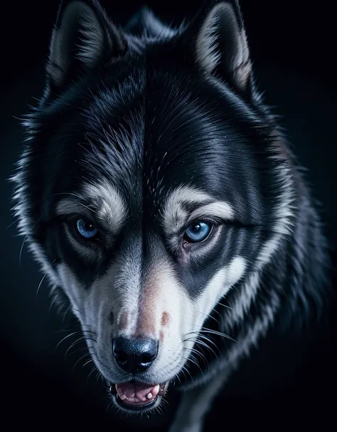 Create blue black wolf dog with 2d drawing 