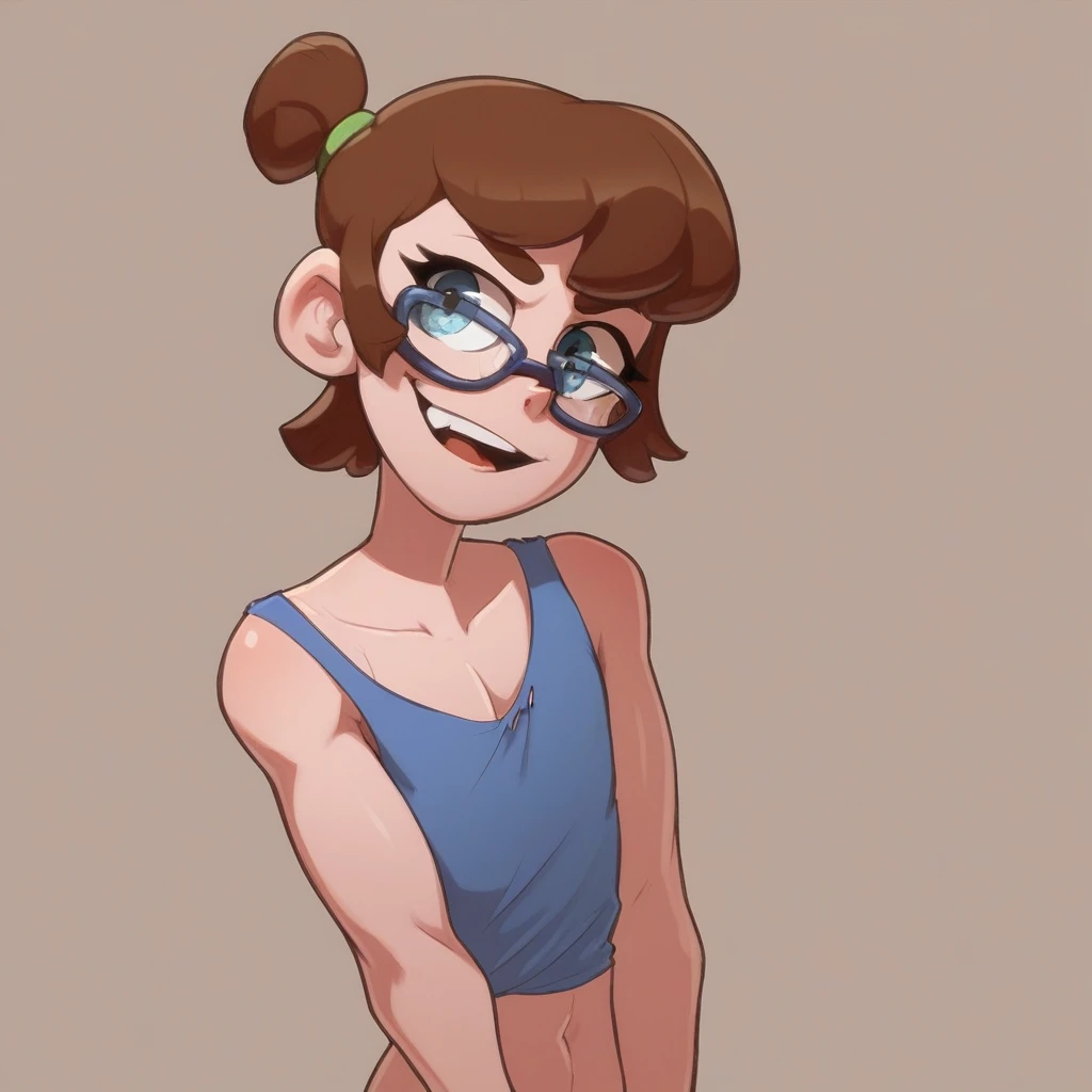 Ralph Bakshi Style, tall skinny:2.0 brunette with dark_shoulder-length_hair and black_glasses, nudity:1.5, (extreme nsfw):2.5, torn tanktop, (flatchested):2.5, lewd:2.0