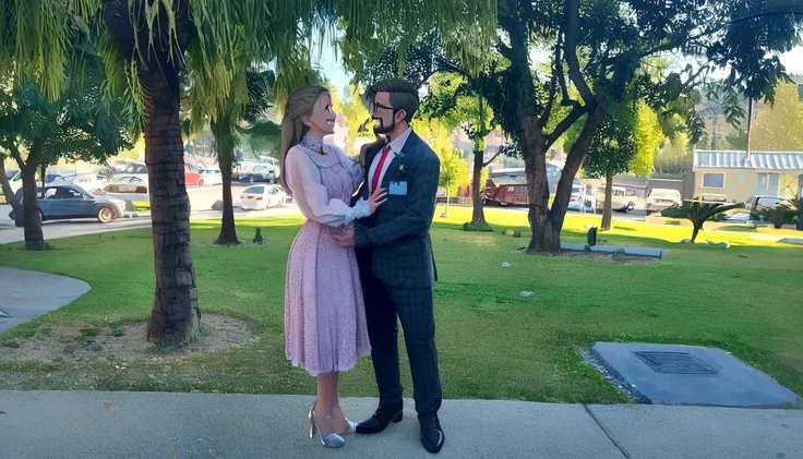 An illustration of an adorable couple, Highlight for a man with gradient shaved hair, barba, suit, dress shoes and smiling and a white woman with beautiful expressive eyes, long blonde hair, The woman&#39;s hair is straight and she is wearing a pink dress ...