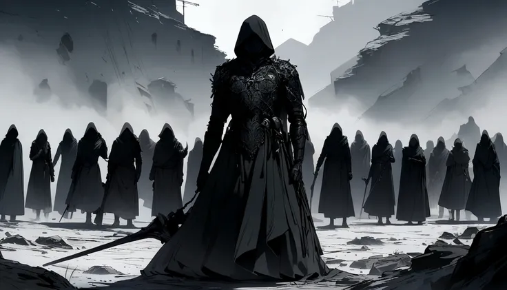 A group of about 10 people dressed in black with their faces covered and holding weapons standing in an apocalyptic scene 