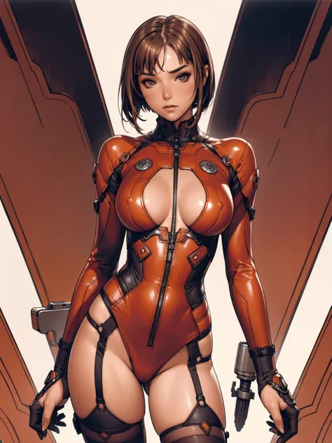 (((Woman))), (((best qualityer))), (((​masterpiece))), (((grown-up))), (((red suit with vertical stripes))), (((1girl))), ((( hair black ))), (((red))), (((short dress))), (((bob haircut))), A girl wearing a red leather mini dress with vertical seams, Dres...