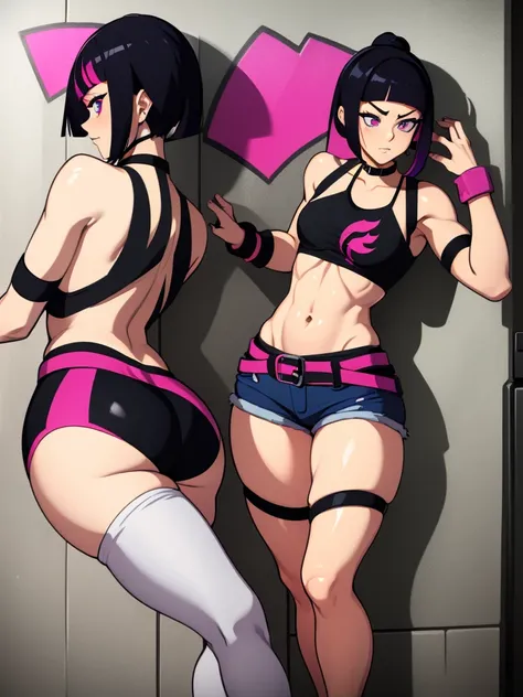 Juri Han,Masterpiece, Best Quality, 1girl, report, crop-top, jean shorts, Choker, (graffiti:1.aint splatter, (Hands Behind Your Back), Against a wall, looking a viewer, A bracelet, thigh strap, Paint on the body, tilt of head, bored, fiery hair color, Rain...