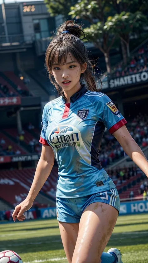 Highest quality, High resolution:1.2, Very detailed, Realistic:1.3, ((Beautiful woman))、((Super tight uniform))、((Big Breasts))、(The abdomen is visible)、(((Soccer uniforms)))、Vibrant colors, play soccer,(Blunt bangs)、((Various Hair Styles))、Different hair ...