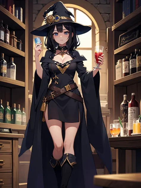 a woman holding a glass of liquid and a book, alchemist girl, she is in the potions workshop, glamor anime witch casting magic, anime moe art style,  anime drinks energy drink, anime look of a beautiful girl, black hair wizard, I&#39;m going to make fanart...