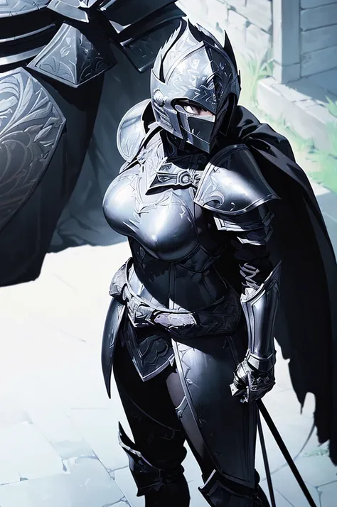 (masterpiece; best quality: 1.2), ((full armored knight woman)), ((solo)), (black eyes: 1.4), (body; toned, strong, tall: 1.3), (beautiful and clear background: 1.2), ((depth of field)), (equipment: full plate all-black dark-damascus realistic armor + clos...