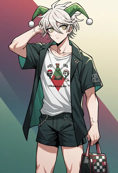 concept art, femboy, male, Arknights, danganronpa, yakuza, Italian mafia, cyberpunk, cute, pink, green, black, white, checkered pattern, jester, dragon, prankster, vtuber model, casual, detailed, baggy t-shirt, black formal shorts with thin white stripes, ...