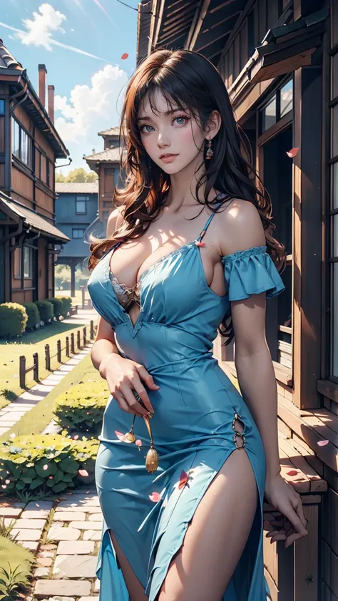 Realistic, Genuine, Beautiful and stunning landscape oil painting Studio Ghibli Hayao Miyazaki Petals Grassland Blue Sky Grassland Country Road,building, --v6、24-year-old female、Sexy proportions、Sexy、Wear a strap-shoulder dress