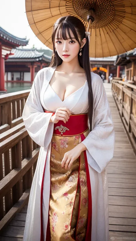 best quality,masterpiece,Ultra-high resolution,(Photorealistic:1.4),fair_Face,Twenty-five-year-old oriental nine-tailed demon fox girl,Bright Eyes,Cleavage,Silver long hair above the waist,Wearing Ming Dynasty clothing(Bright 1：0）,On the antique wooden bri...