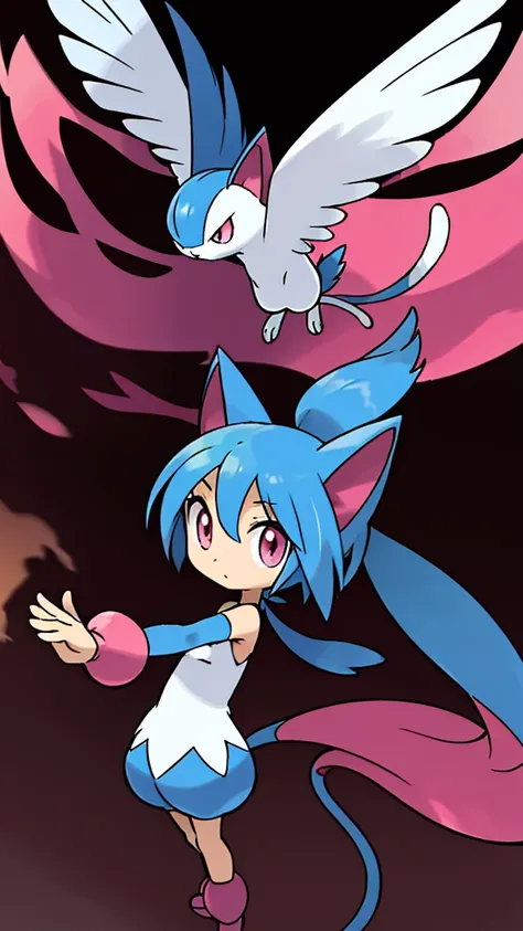 sugimori ken (style), psychic-flying pokemon, little cat, 2 colored cats body, Pink eyes, Summer hat, thin tiny wings(masterpiece), high quality, best quality, high-definition, ultra-detailed, large blue hair, extremely large lenght tail, flying