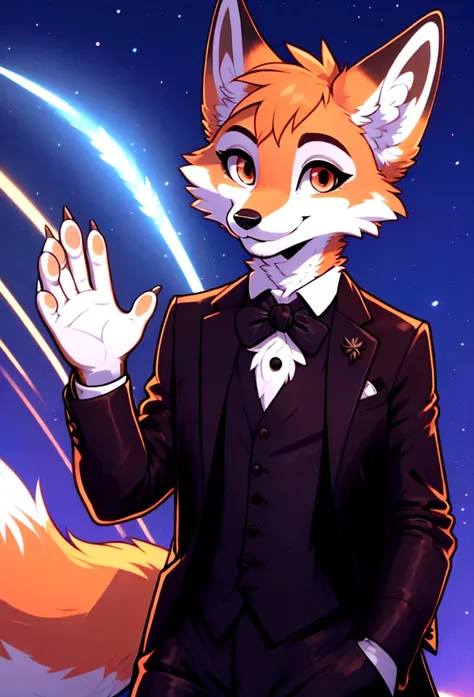 best quality, furry, anthro, animal nose, maidmarian, smile, orange eyes, fox, waving, skirt suit, (((three-piece suit))), necktie, blazer, suit jacket, waistcoat, bodycon skirt, showing off, showing leg, ((((holding lapel)))), detailed hand, exterior, ret...