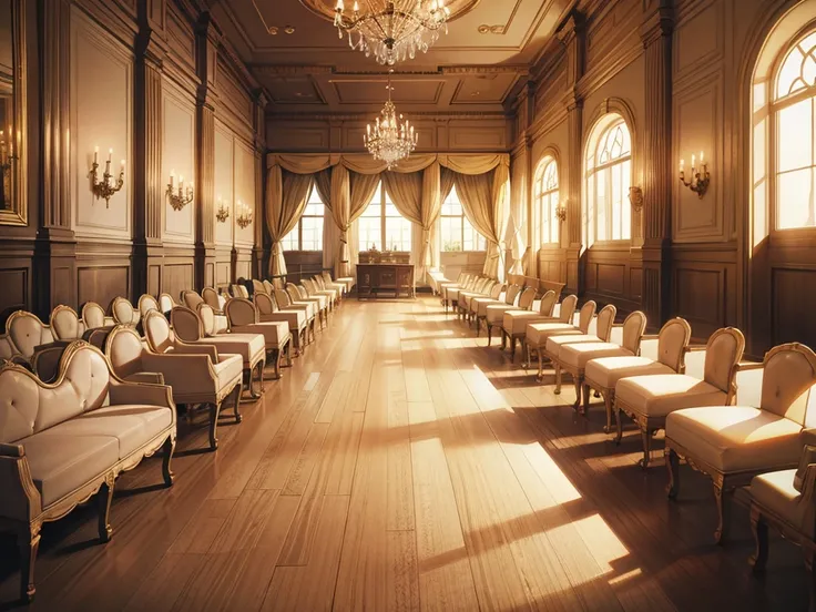 regency era ballroom interior, muted color palette, browns and beiges