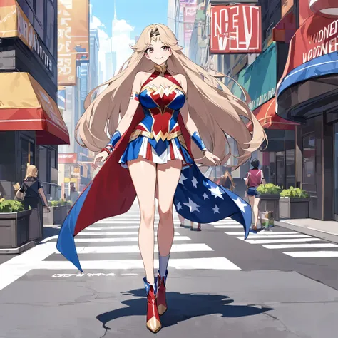 A woman wearing a Wonder Woman uniform from Marvel, uniform with the colors of the United States, beige hair, long hair, burgundy eyes, large breasts, exposed shoulder, gold bracelet, smiling, standing, walking on a concrete sidewalk in New York City, view...