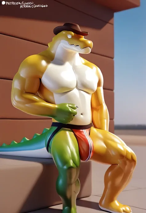 anthro, gummigoo,huge muscular body, white chest, white eyes, green and yellow body, shiny_body, 4k, e621_post_recursion, anatomically_correct, masterpiece, realistic, best quality, jockstrap, massive bulge 