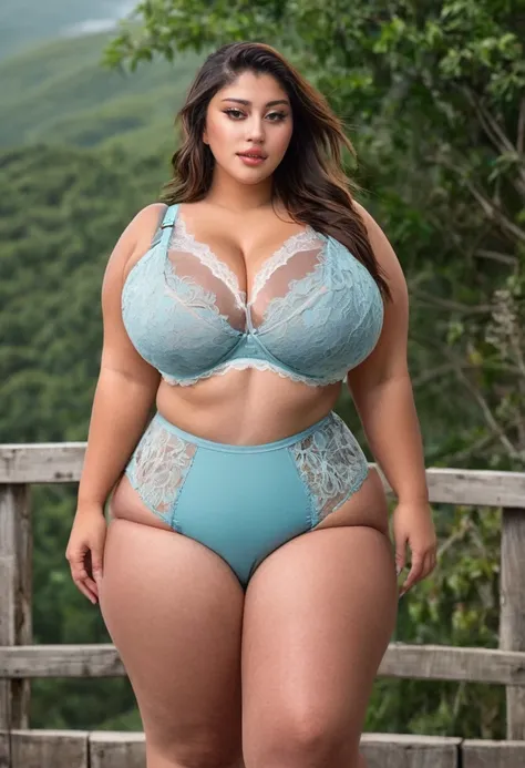 bbw girl, huge breasts, slim waist, thick thighs, large hips, plunge bra, lace thong, looking at viewer, cinematic aesthetic, high quality, detailed background, professional photo, bokeh, natural lighting, fashion magazine cover photoshoot