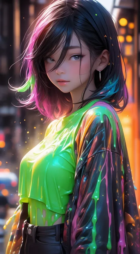 (Paint splashes)，colorful nipples，The color of the glow，lamplight，the girl，Look at the camera，Slime Gir，big round eyes, Cutes, sexy pose