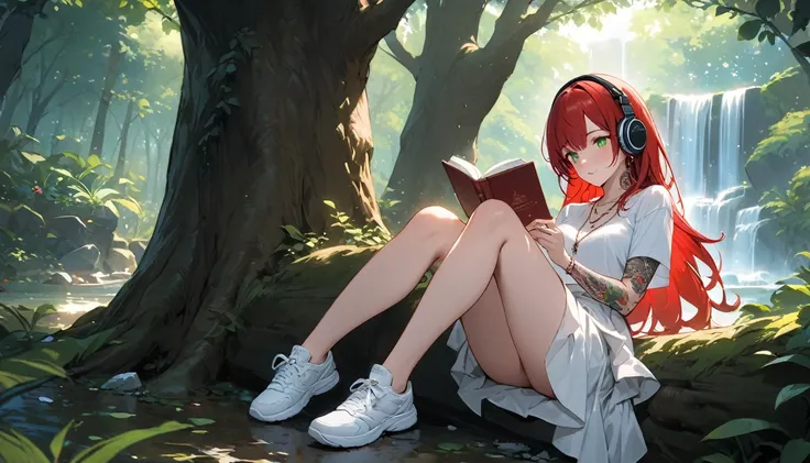 (Best Quality, Masterpiece, ultra high resolution, ultra detailed:1.2) Female gender Beautiful green eyes and melancholic expression Long red hair Light and freckled skin Wears a top with a bra shirt Wears a short white skirt Wears white cloth shoes Perche...