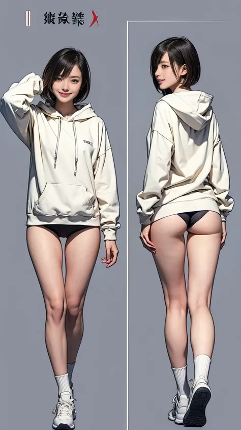 ((masterpiece)),(((Highest quality))),((Character design sheet)), Thin thighs,Long legs,18 year old Japanese girl, Cute type,The best smile:1.5，white long hoodie:1.5, Black panties in full view 1.5，Very short hair ,  (Highly detailed skin), The background ...