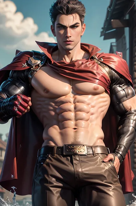 Eddie Peng，complex，masterpiece，best quality，Vivid colors，Ultra HD resolution，Shirtless，Wearing a cape，Naked upper body，For the audience，Oval face，Cold，brave，Sexy，Muscular，Crotch bulge、Expansion，Liquid gushing out of the crotch，Big nipples and milk spray，Pu...